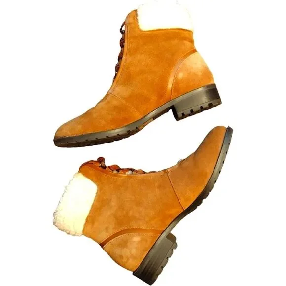 NWOT Crown & Ivy "June" Ankle Boot, Size 7, Cognac Color, Suede w/ Faux Fur Trim - Picture 3 of 6